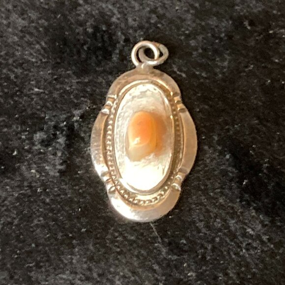 Vintage Sterling Silver Pendant With Orange Abalone Stone - Oval 0.625"x0.875" - Picture 1 of 5